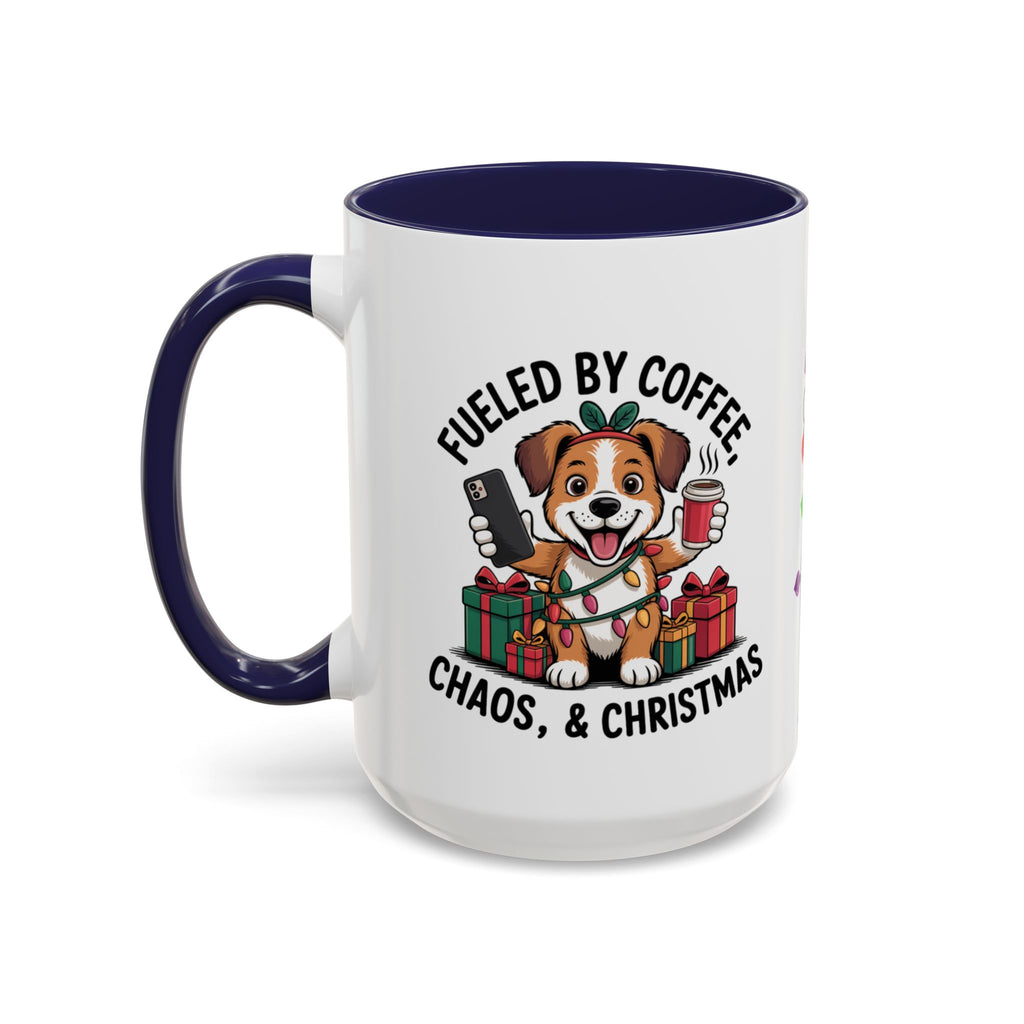 "Fueled by Coffee Christmas Chaos " Coffee Mug - Perfect for Dog Lovers & Holiday Cheers Working Mom Joy Shopping Busy Christmas Gift Puppy