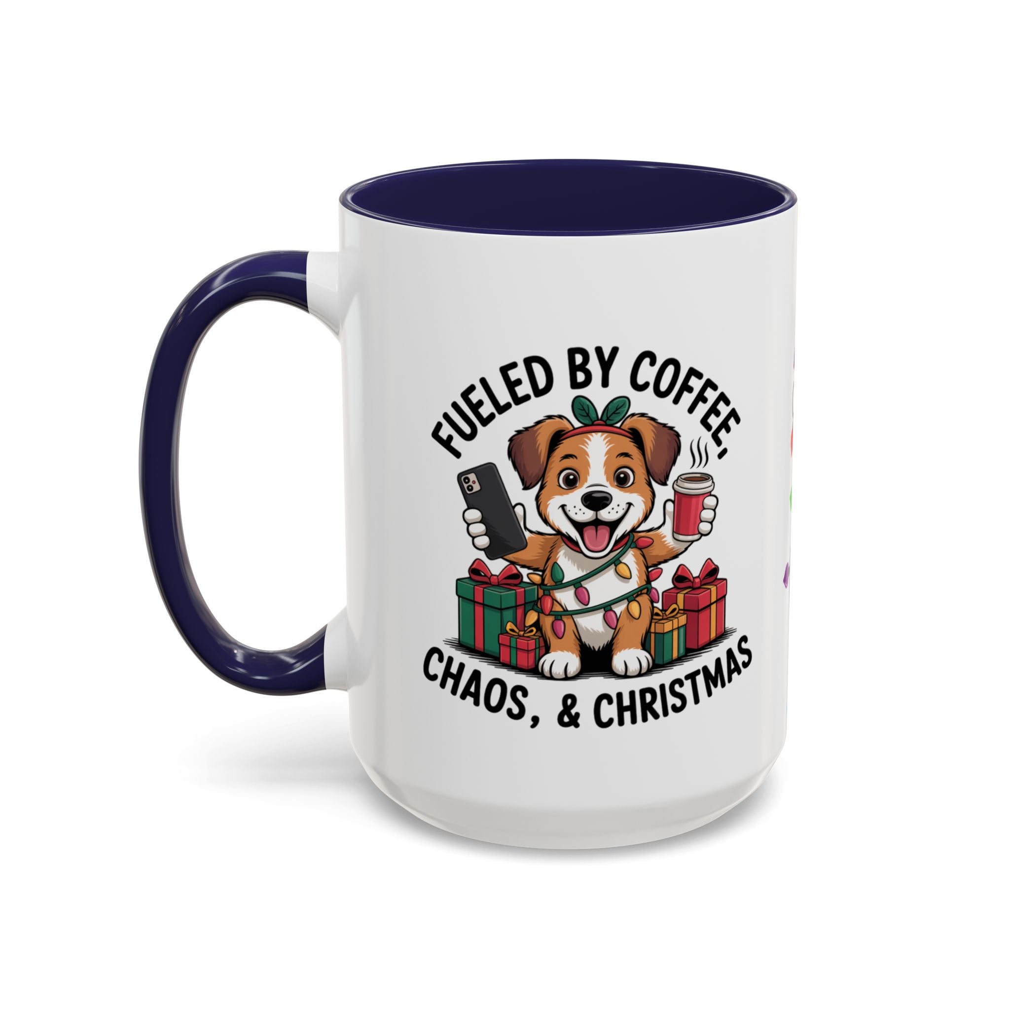 "Fueled by Coffee Christmas Chaos " Coffee Mug - Perfect for Dog Lovers & Holiday Cheers Working Mom Joy Shopping Busy Christmas Gift Puppy