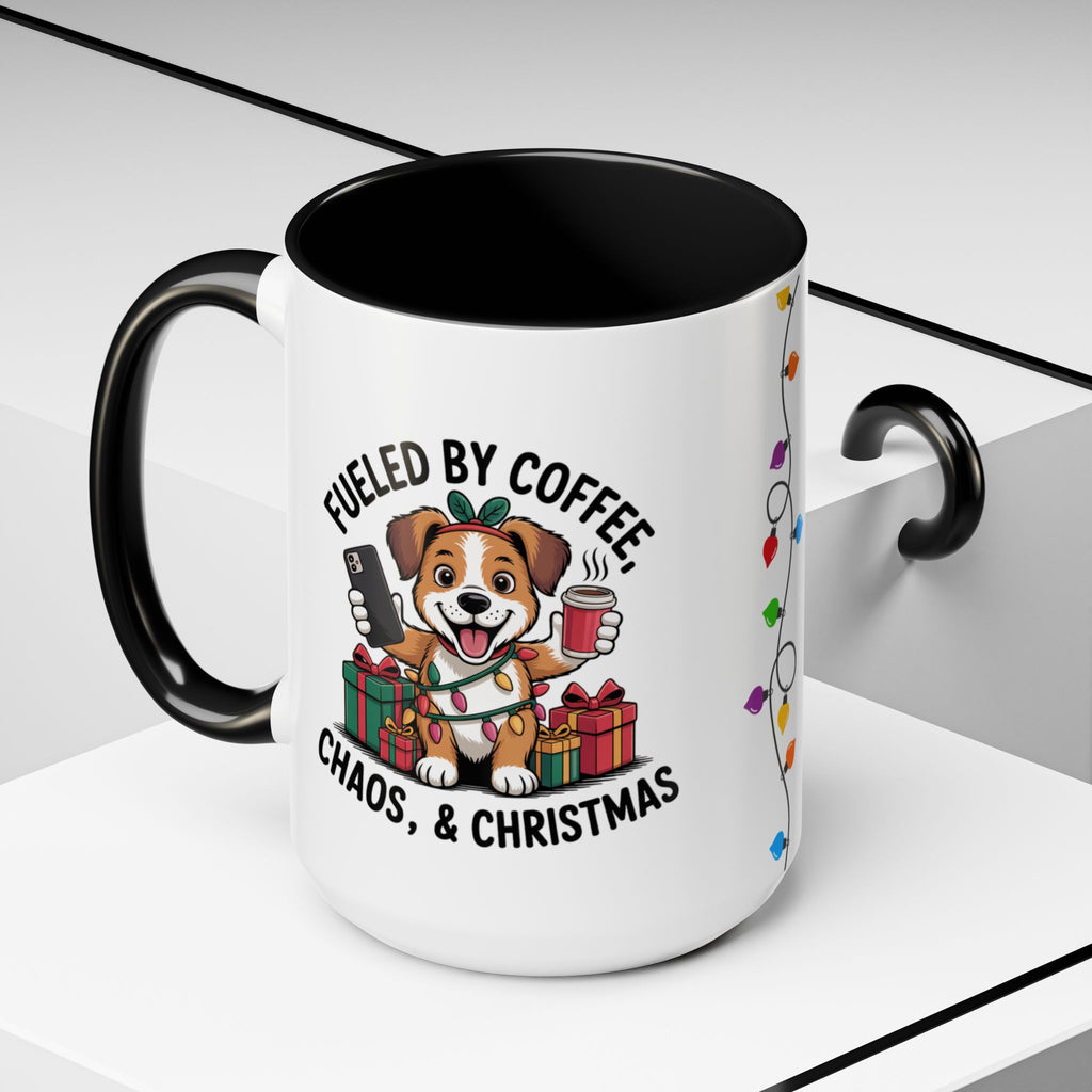 "Fueled by Coffee Christmas Chaos " Coffee Mug - Perfect for Dog Lovers & Holiday Cheers Working Mom Joy Shopping Busy Christmas Gift Puppy