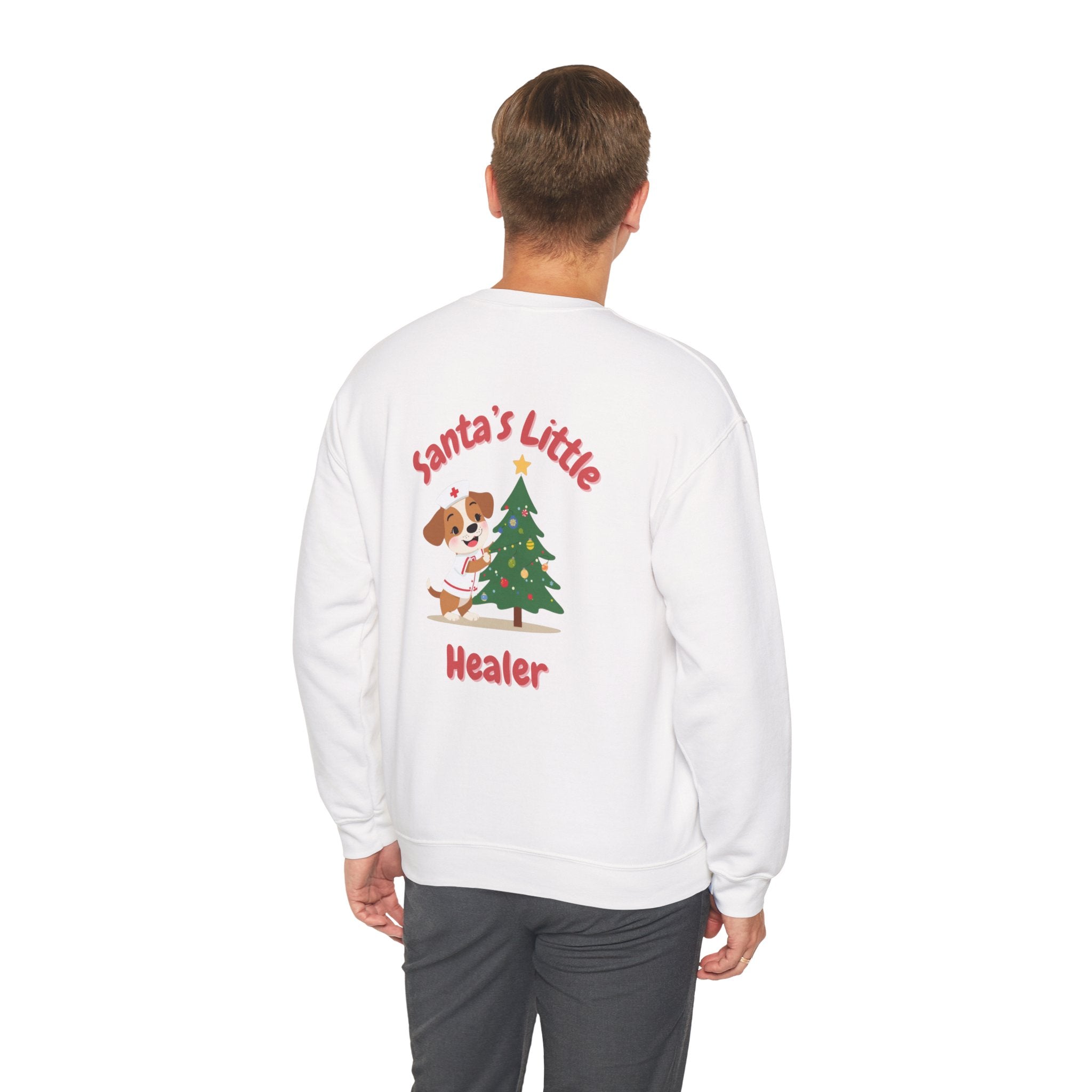 "Santa's Little Healer" Holiday Sweatshirt Christmas Gift Nurse Doctor Medical Veterinarian Puppy Tree