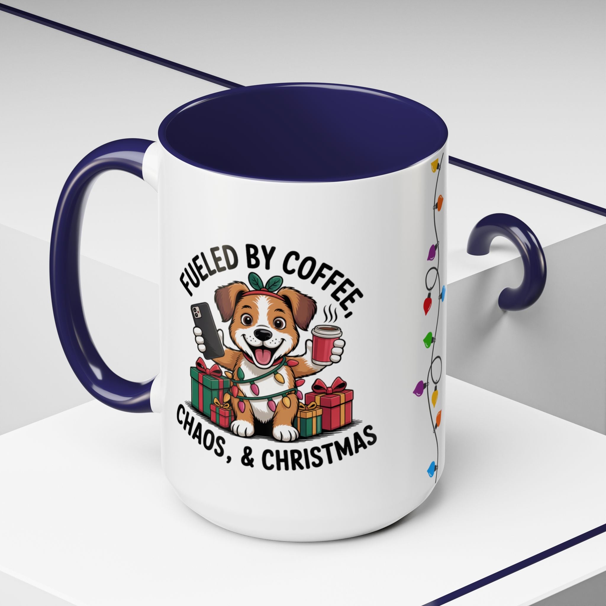 "Fueled by Coffee Christmas Chaos " Coffee Mug - Perfect for Dog Lovers & Holiday Cheers Working Mom Joy Shopping Busy Christmas Gift Puppy
