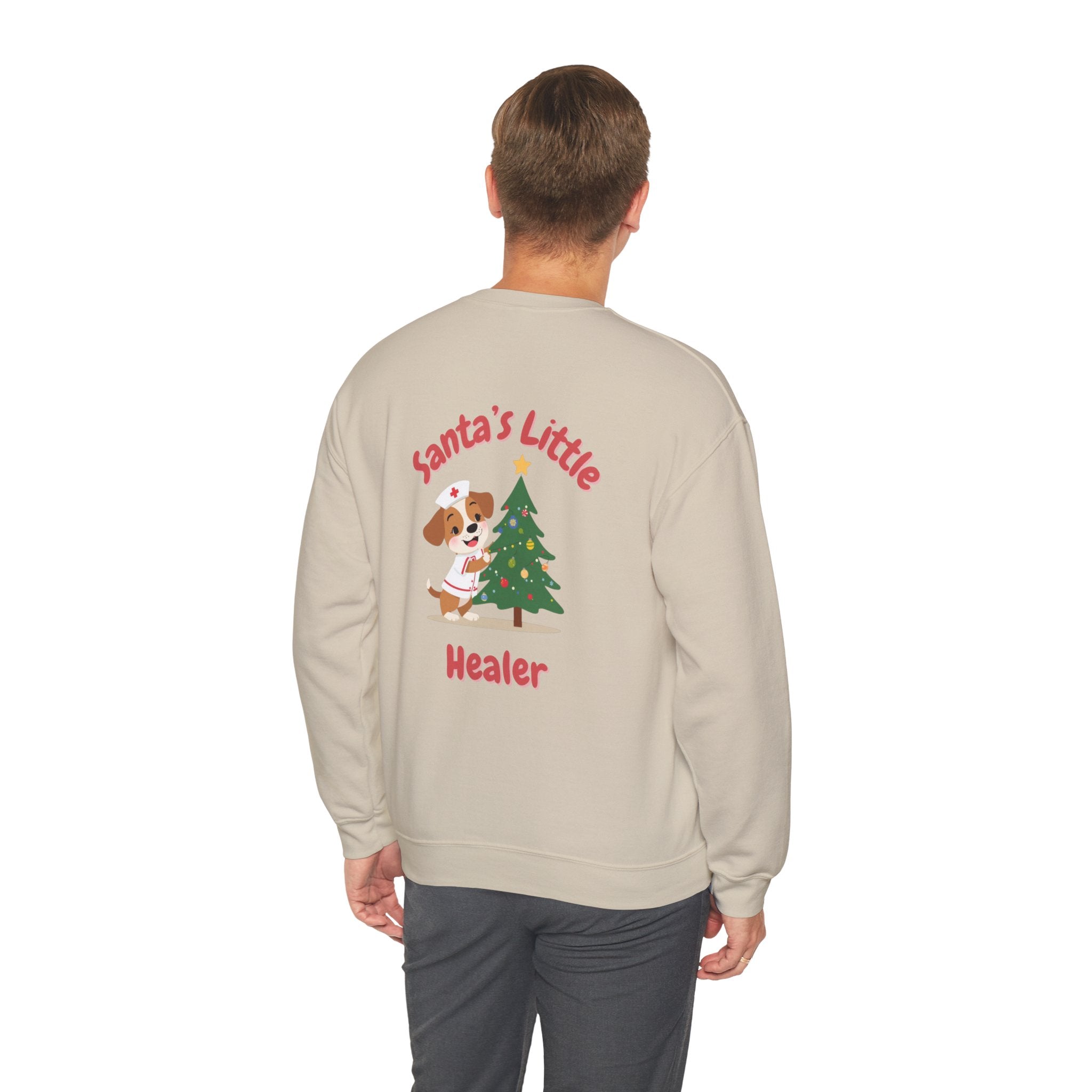 "Santa's Little Healer" Holiday Sweatshirt Christmas Gift Nurse Doctor Medical Veterinarian Puppy Tree