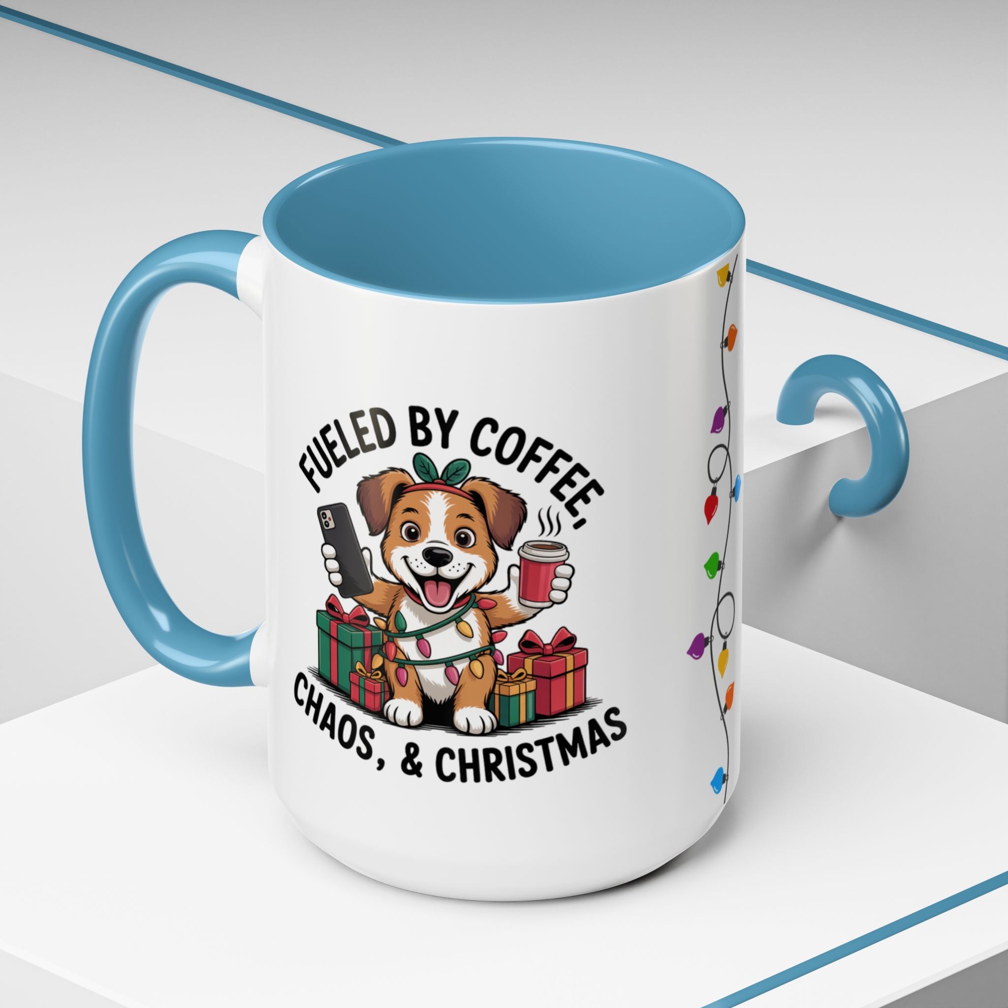 "Fueled by Coffee Christmas Chaos " Coffee Mug - Perfect for Dog Lovers & Holiday Cheers Working Mom Joy Shopping Busy Christmas Gift Puppy
