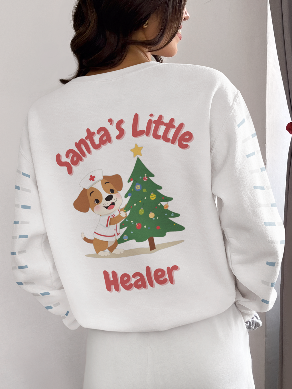 "Santa's Little Healer" Holiday Sweatshirt Christmas Gift Nurse Doctor Medical Veterinarian Puppy Tree