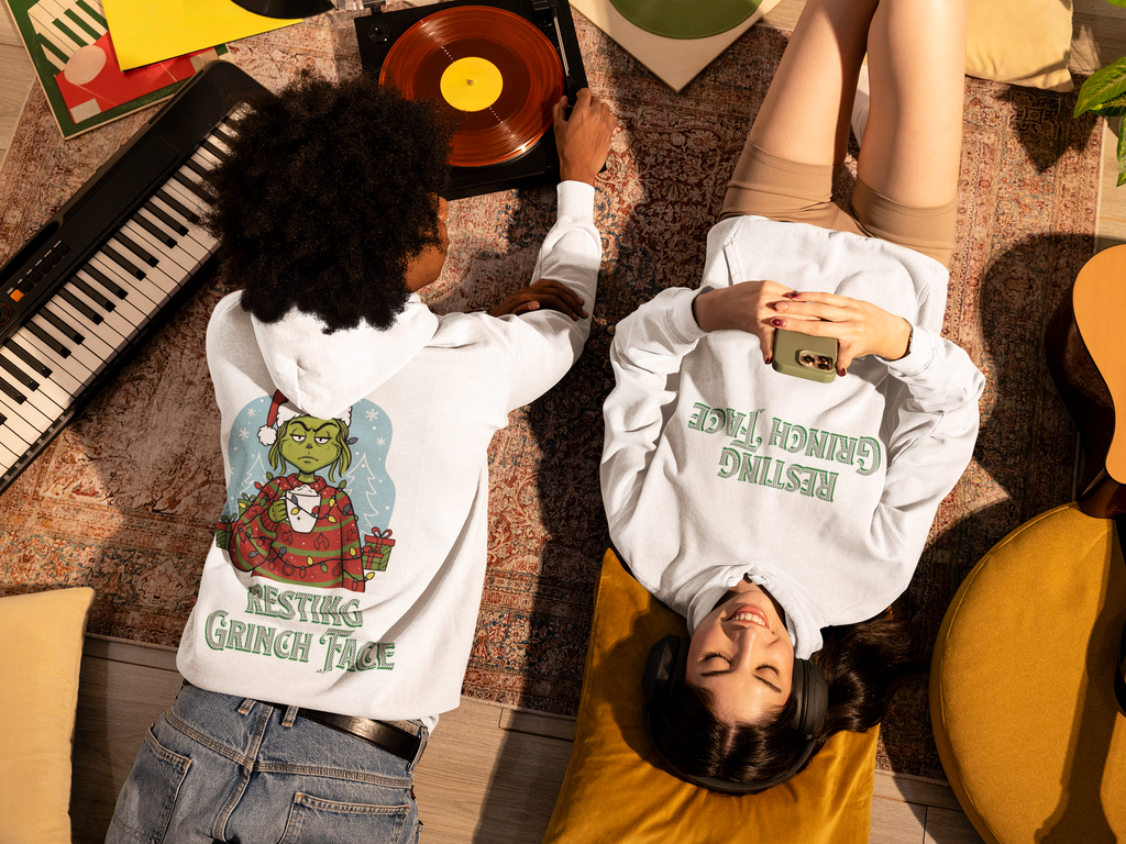 "Resting Grinch Face" Hoodie — Funny Christmas Holiday Sweatshirt Gift Stocking Stuffer 7 Colors