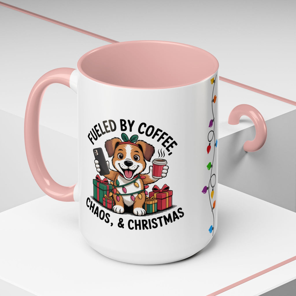 "Fueled by Coffee Christmas Chaos " Coffee Mug - Perfect for Dog Lovers & Holiday Cheers Working Mom Joy Shopping Busy Christmas Gift Puppy
