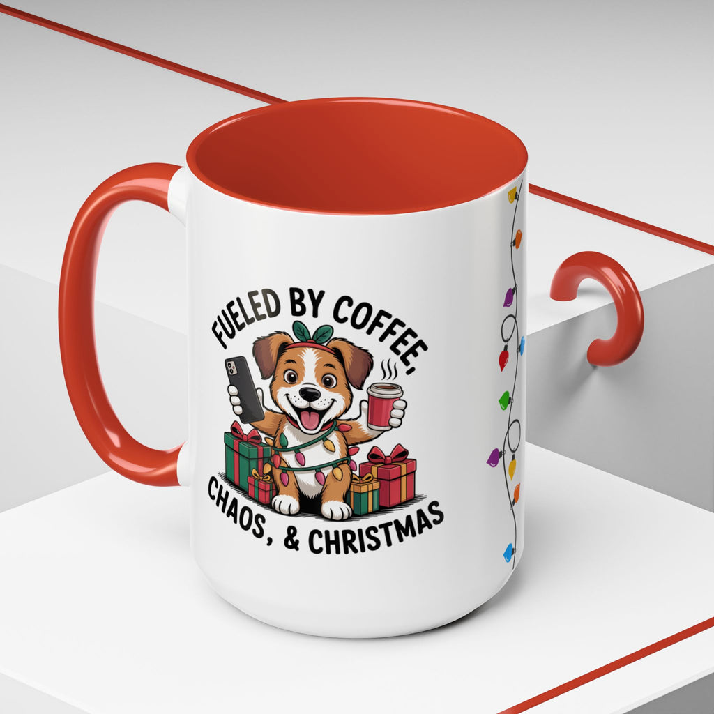 "Fueled by Coffee Christmas Chaos " Coffee Mug - Perfect for Dog Lovers & Holiday Cheers Working Mom Joy Shopping Busy Christmas Gift Puppy