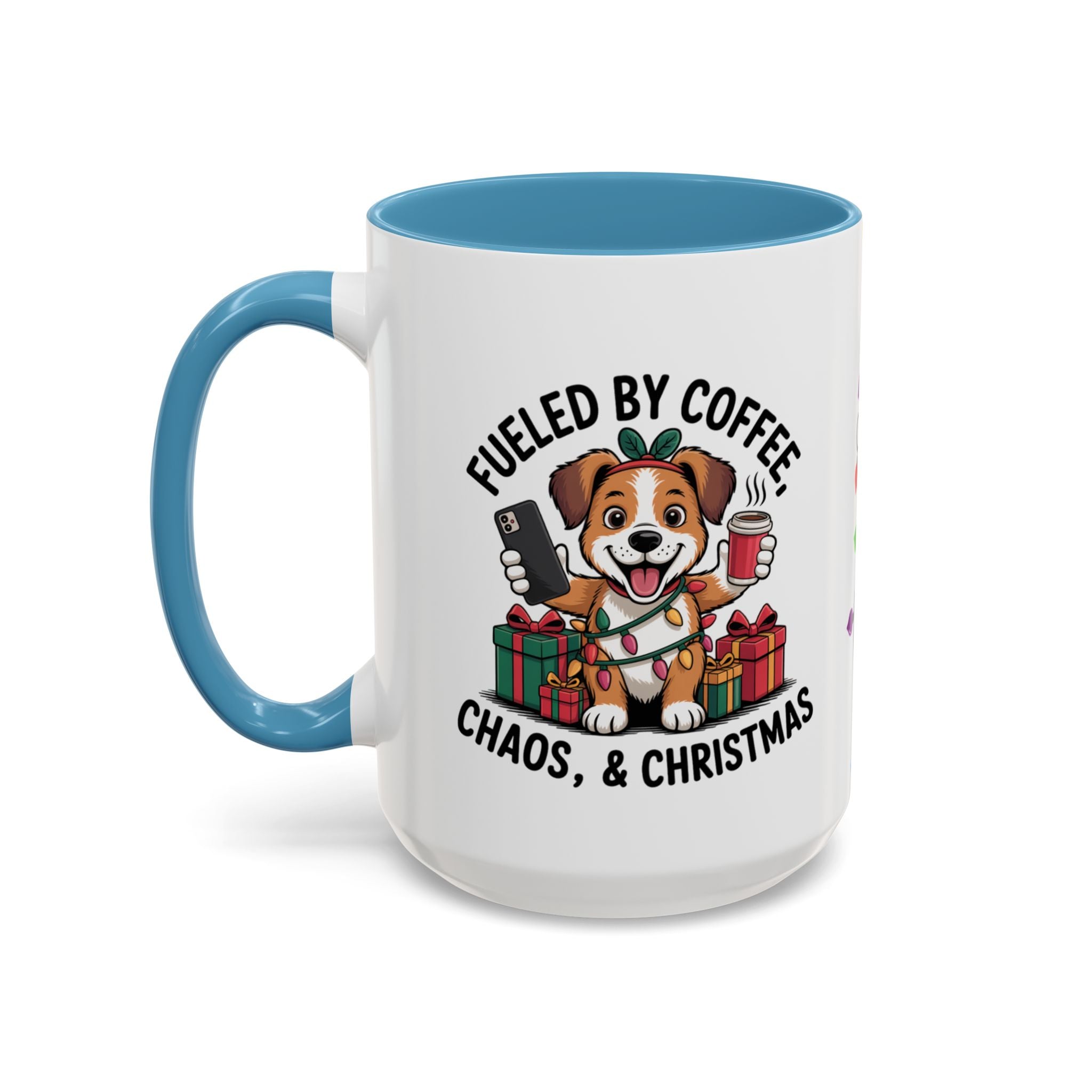 "Fueled by Coffee Christmas Chaos " Coffee Mug - Perfect for Dog Lovers & Holiday Cheers Working Mom Joy Shopping Busy Christmas Gift Puppy