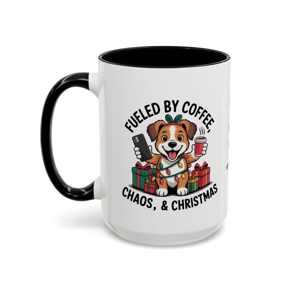 "Fueled by Coffee Christmas Chaos " Coffee Mug - Perfect for Dog Lovers & Holiday Cheers Working Mom Joy Shopping Busy Christmas Gift Puppy